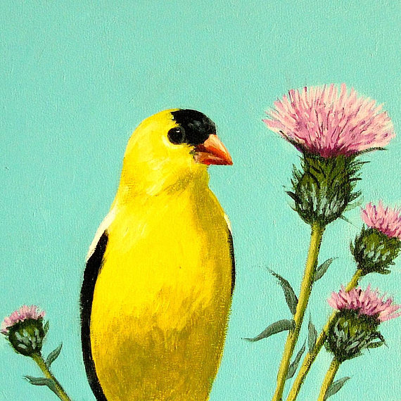 570x570 Original Goldfinch Painting With Thistle Flowers Yellow - American Goldfinch Painting