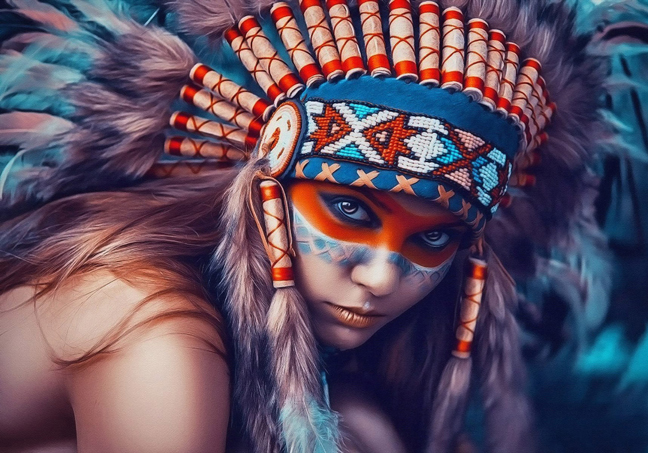 648x453 Girl Native American Indian Headdress War Paint Warrior Art - American Indian Girl Painting