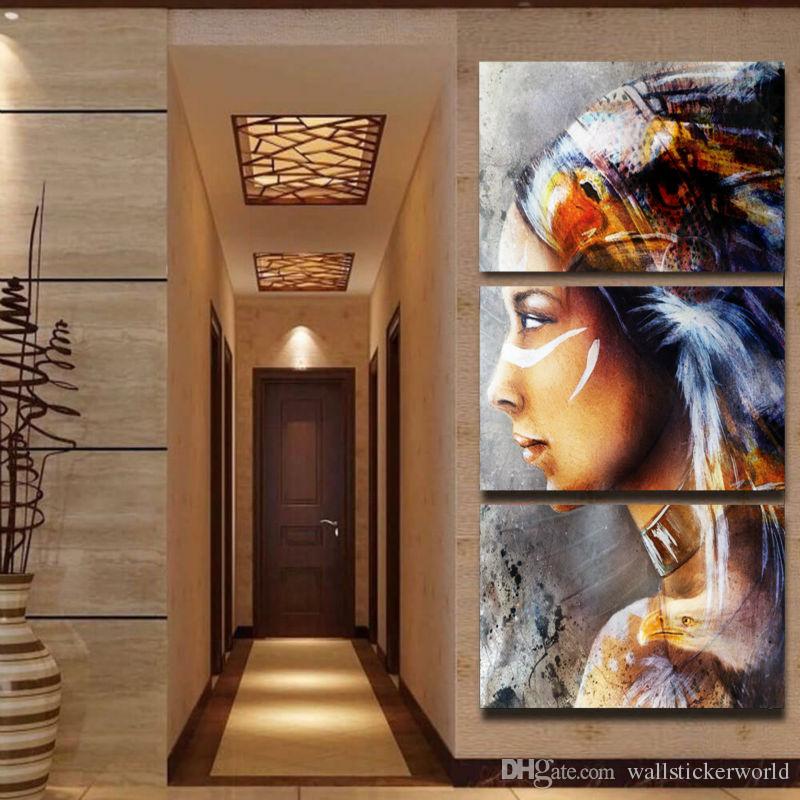 800x800 2018 Canvas Painting 3 Panel Native American Indian Girl Feathered - American Indian Girl Painting