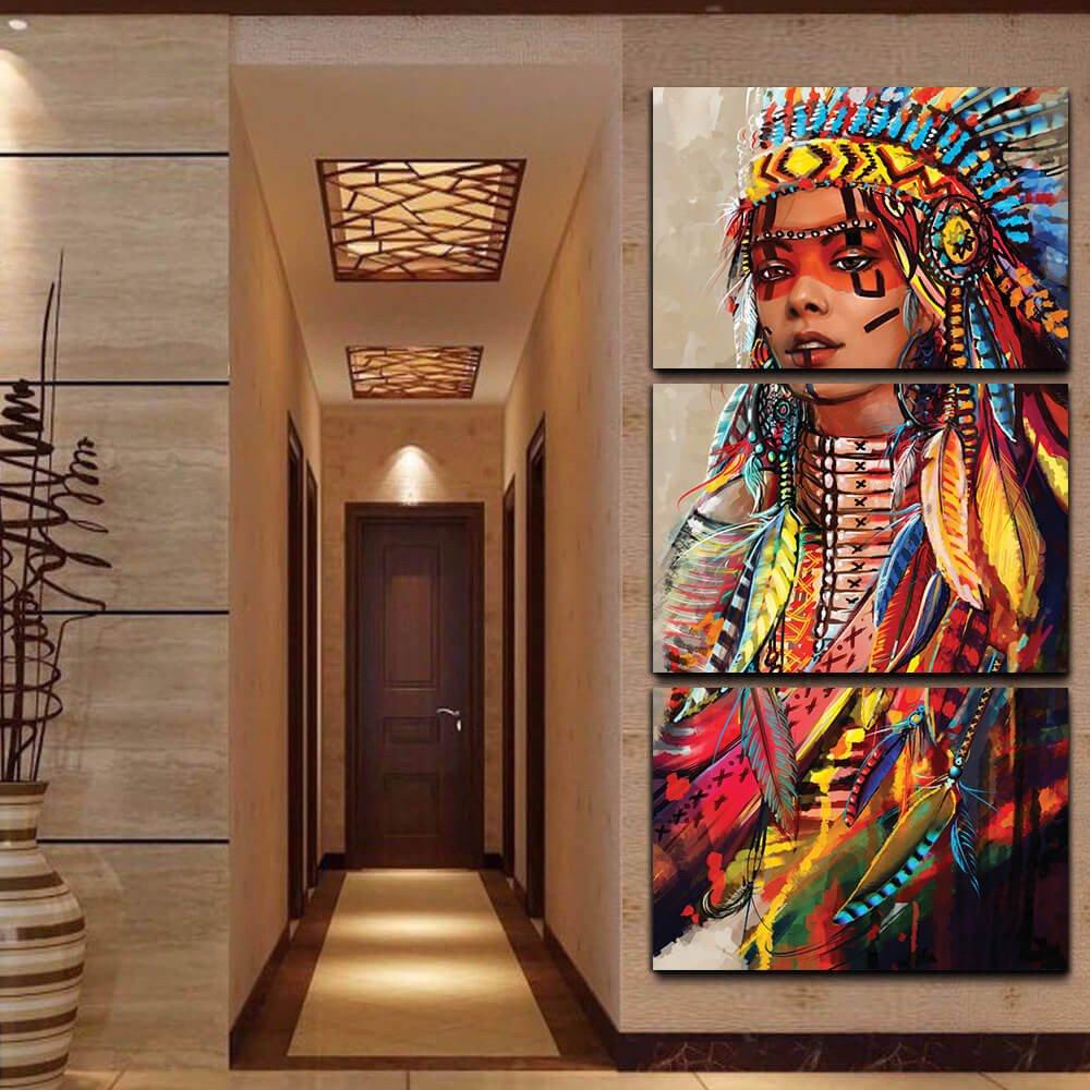 1000x1000 3 Piece Native American Indian Girl Canvas Wall Art Paintings Sale - American Indian Girl Painting