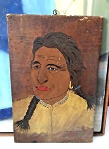 219x300 Antique Native American Indian Oil Painting Wood Signed Folk Art - American Indian Oil Painting