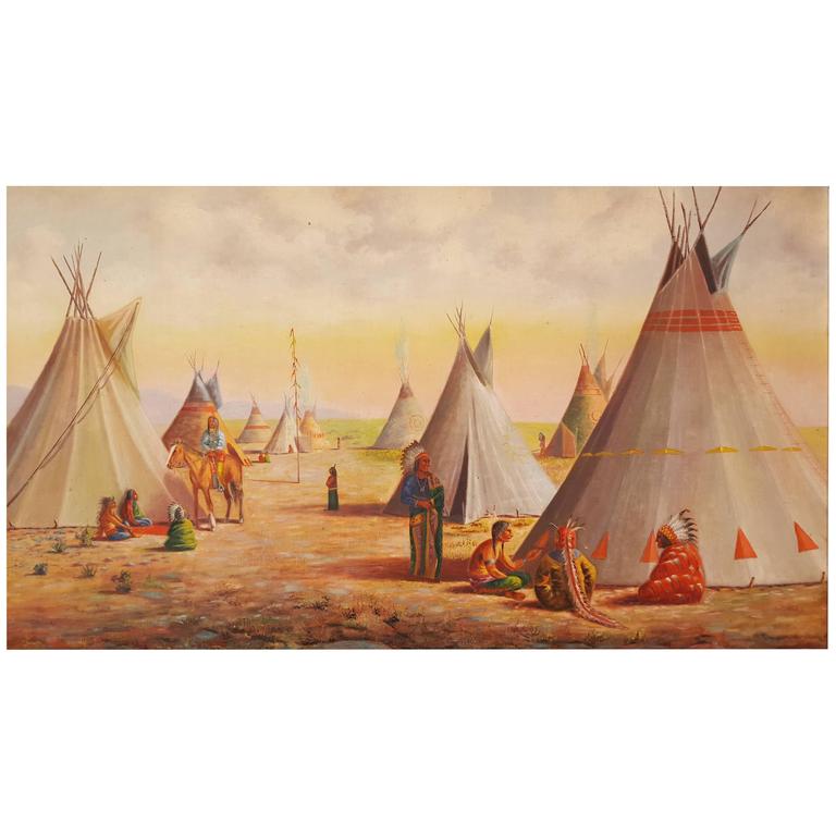 768x768 Large Oil Painting Of Native American Indian Village For Sale - American Indian Oil Painting