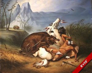 300x240 Native American Indian Fighting Bear Oil Painting Art Real Canvas - American Indian Oil Painting