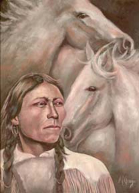 462x640 Sally Arroyo Artwork 1910 Native American Indian With His Horse - American Indian Oil Painting