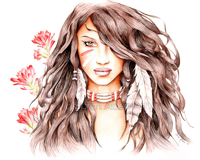 650x520 Native American Art Print Indian Paintbrush Flower Native - American Indian Woman Painting