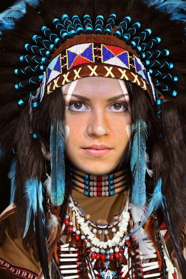 600x900 Native Indian Face In Hole. Native Costume And War Bonnet - American Indian Woman Painting