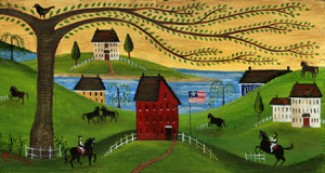 300x160 Primitive Folk Art Painting Americana Horse Farm - American Primitive Painting