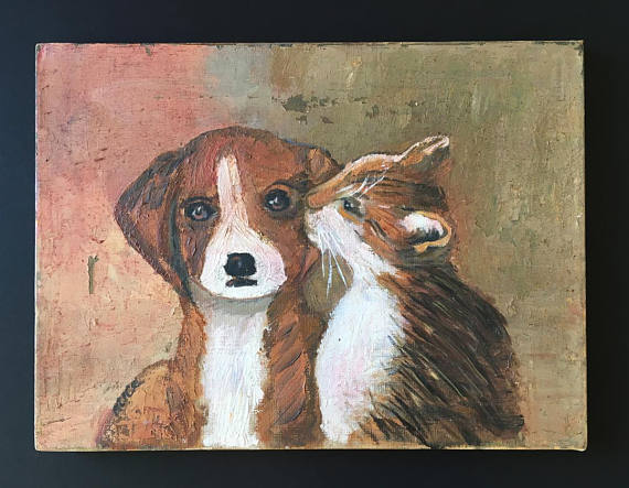 570x443 Vintage, Signed, American Primitive Painting On Canvas, Cat - American Primitive Painting