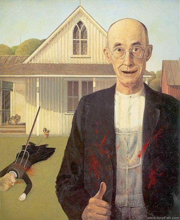 625x764 36 Pop Cultural Reinventions Of The American Gothic Painting - American Psycho Painting