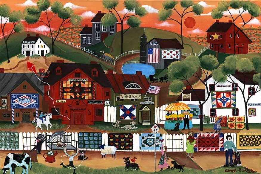 875x582 Americana Sunrise Quilters Folk Art Village Painting Sold - Americana Painting