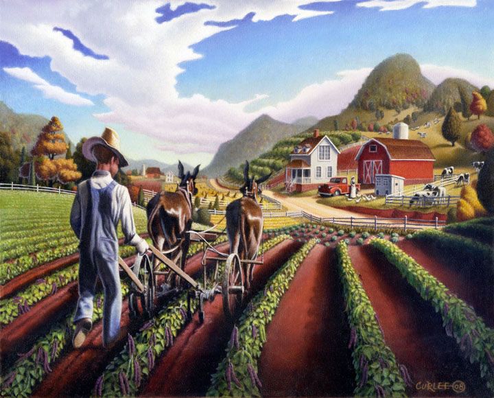 720x580 Cultivating The Peas Folk Art Farm Americana Landscape Oil - Americana Painting Artists