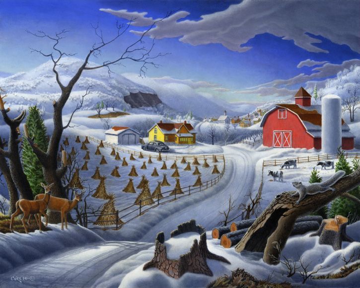 725x580 Folk Art Landscapes Rural Winter Folk Art Farm Americana - Americana Painting Artists