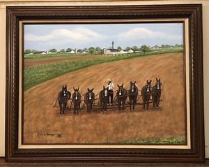 300x239 Lancaster County Amish 8 Mule Team Original Oil Painting Ebay - Amish Painting
