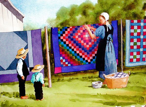 600x442 Airing The Quilts Canvas Print Canvas Art By Faye Ziegler - Amish Painting
