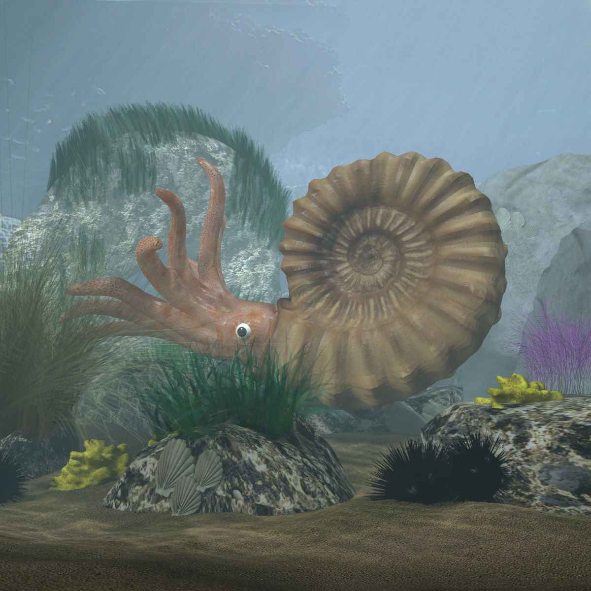 1200x1200 Ammonite With Complete Underwater Scene 3d Asset - Ammonite Painting