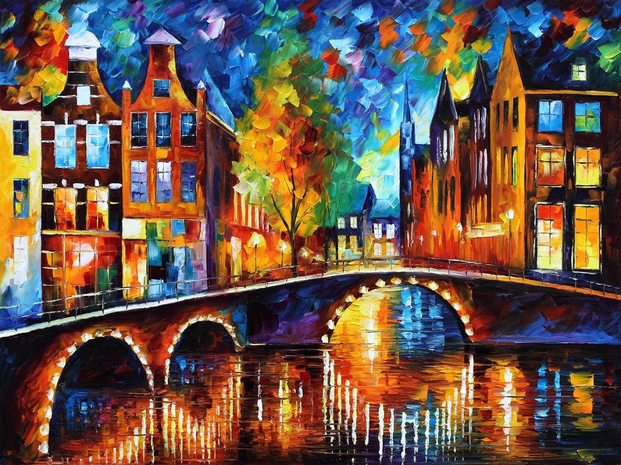 1278x958 The Bridges Of Amsterdam Palette Knife Oil Painting On Canvas By - Amsterdam Painting