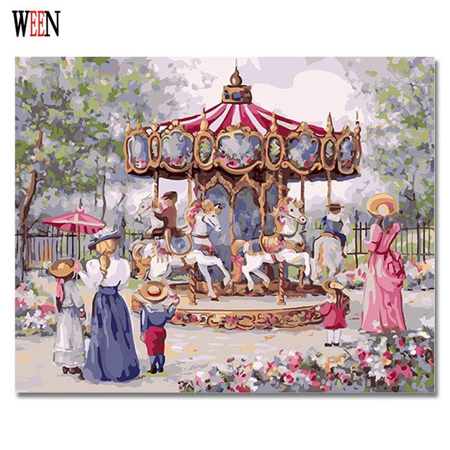 640x640 Ween Carousel Painting By Numbers Amusement Park Digital Wall - Amusement Park Painting