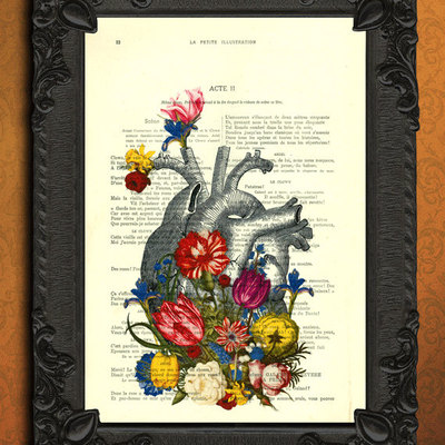 400x400 Anatomical Heart With Flowers, Floral Heart On Antique Book Page - Anatomical Heart Painting
