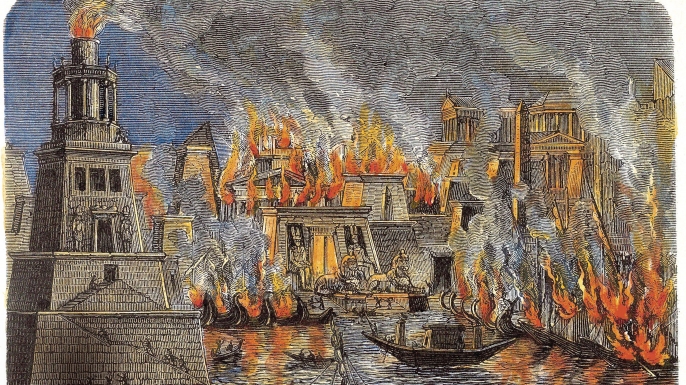 686x385 The Burning Of The Library Of Alexandria - Ancient Alexandria Egypt Painting