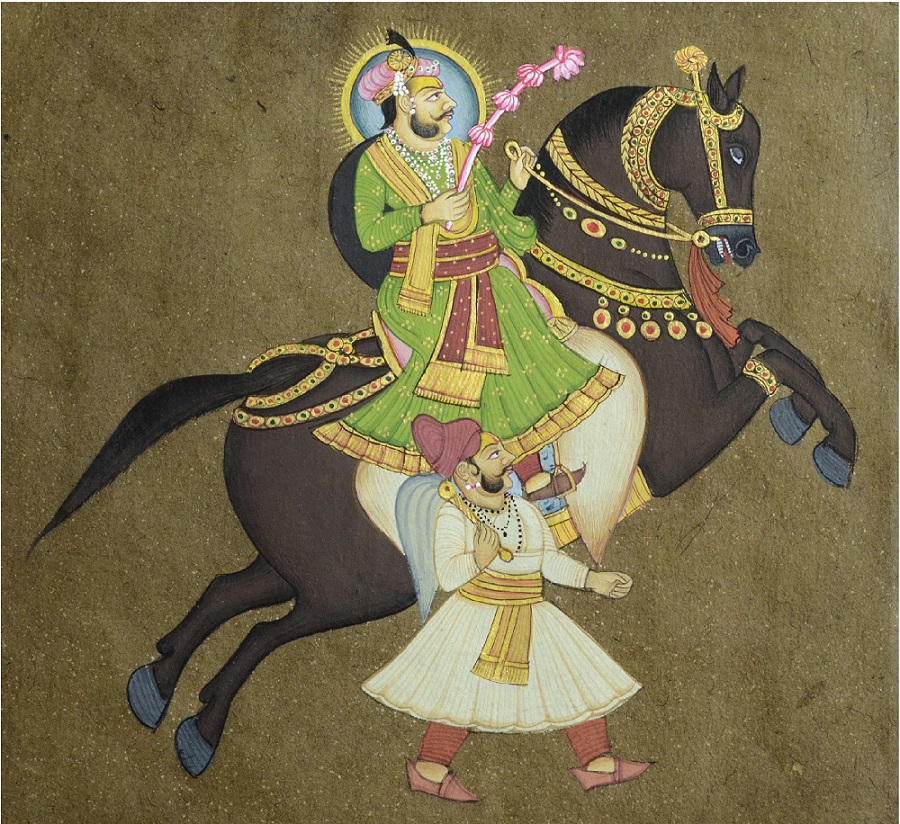 900x824 Indian Art Stamp Paper Painting Of Mughal King Horse Riding - Ancient Indian Painting