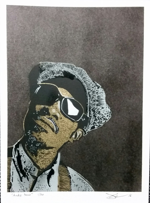 570x770 Unique Andre 3000 Portrait Stencil Painting Black Grey Gold - Andre 3000 Painting