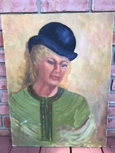225x300 Vtg 1960s Androgynous Man Woman In Hat Portrait Painting Oil - Androgynous Painting