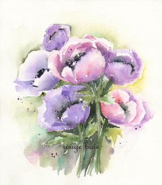 236x270 Anemone Bouquet Print, Anemones Art Print, Still Life, Watercolor - Anemone Flower Painting