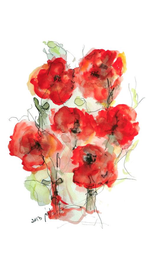 570x872 Anemones Red Flower Watercolor Painting Original Floral Art 19.7 X - Anemone Flower Painting