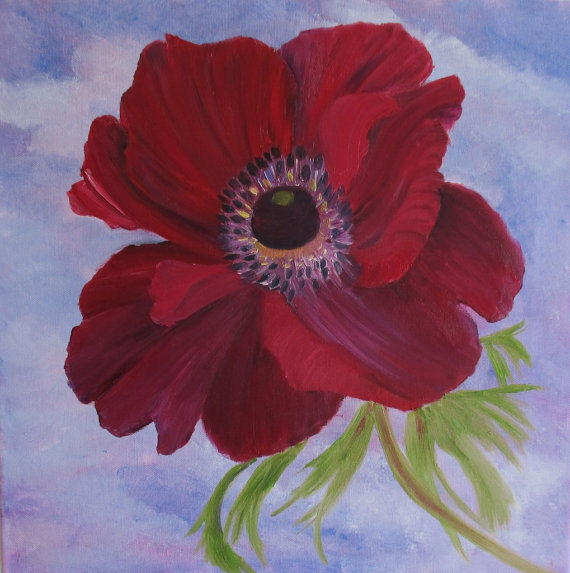 570x573 Anemone Painting Flower Paintingburgundy Anemone Original - Anemone Painting