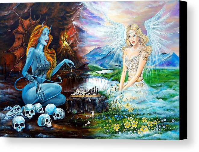661x506 Devil And Angel Playing Chess Canvas Print Canvas Art By Angel - Angel And Devil Painting