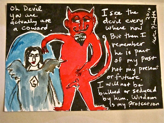 570x428 Original Folk Art Angel Devil Painting With Text Anti - Angel Devil Painting