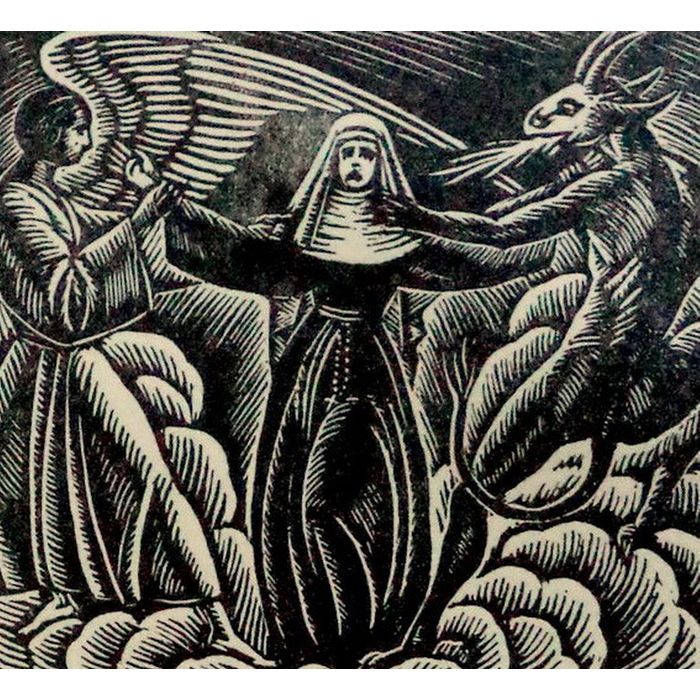 700x700 Vintage Woodcut Medieval Woman With Devil Angel Litho Art Print - Angel Devil Painting