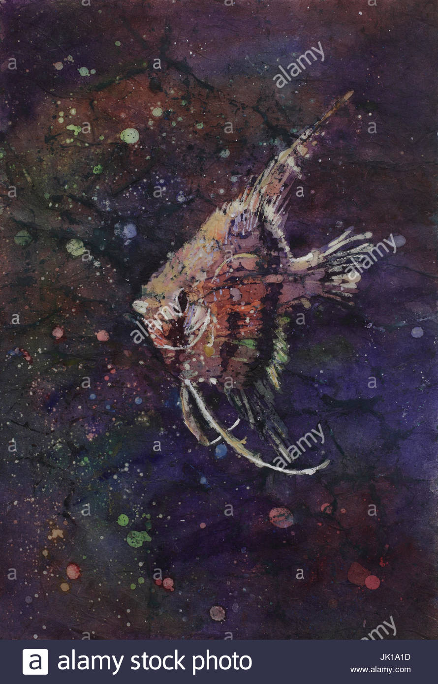 890x1390 Watercolor Batik Painting On Rice Paper Of Angelfish Swimming - Angel Fish Painting