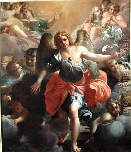 517x600 Angel Gabriel In Glory With Angel Musicians And Cherubs Agostino - Angel Gabriel Painting