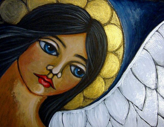 650x506 Folk Angel Saint Big Eyed Painting Card Naif And Folk - Angel Halo Painting