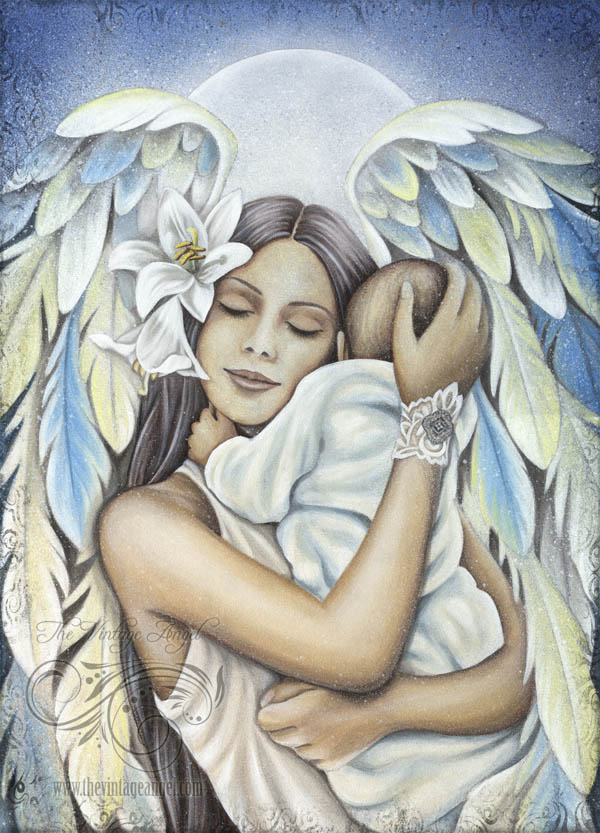 600x833 Comfort Angel Holding Baby, Angel Art Print By Jessica Galbreth - Angel Holding Baby Painting