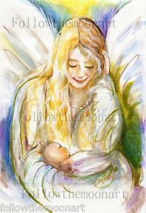 206x300 Heavenly Guardian Angel Holding Baby Watercolor Inspirational - Angel Holding Baby Painting