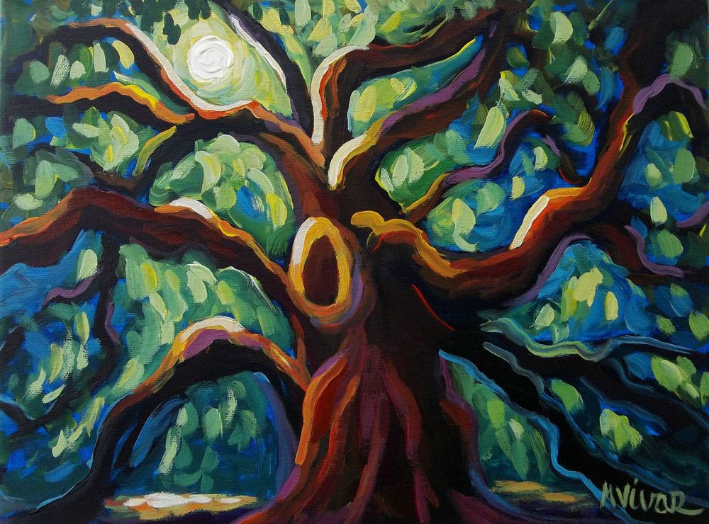 1000x740 Mona Vivar Charleston Angel Oak Tree Moon Original Impressionist - Angel Oak Tree Painting