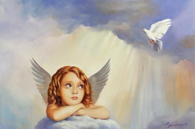 625x416 Original Art Baby Angel, Sky, White Dove Oil Pa - Angel Oil Painting