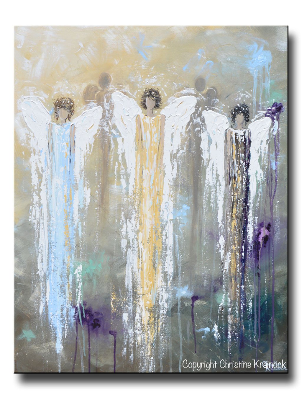 1024x1365 Giclee Print Abstract Angel Painting 3 Guardian Angels Blue Gold - Angel Painting Abstract