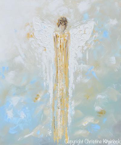 400x480 Print Abstract Guardian Angel Painting Gold Blue Wall Art Canvas - Angel Painting Abstract