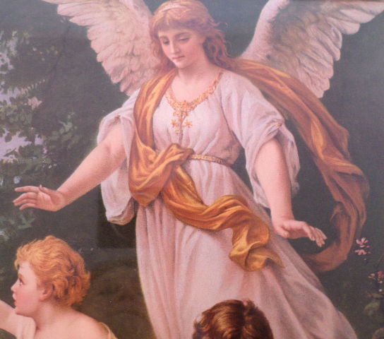 544x480 Victorian Lithograph Print Angel Watching Over Children Kids 12 X - Angel Painting For Kids