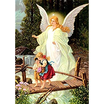 350x350 Guardian Angel Crossing Bridge With Children Canvas - Angel Painting For Kids