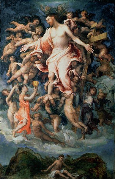 387x600 Angel Collecting Blood From The Wounds Of Christ 1543 Painting - Angel Renaissance Painting