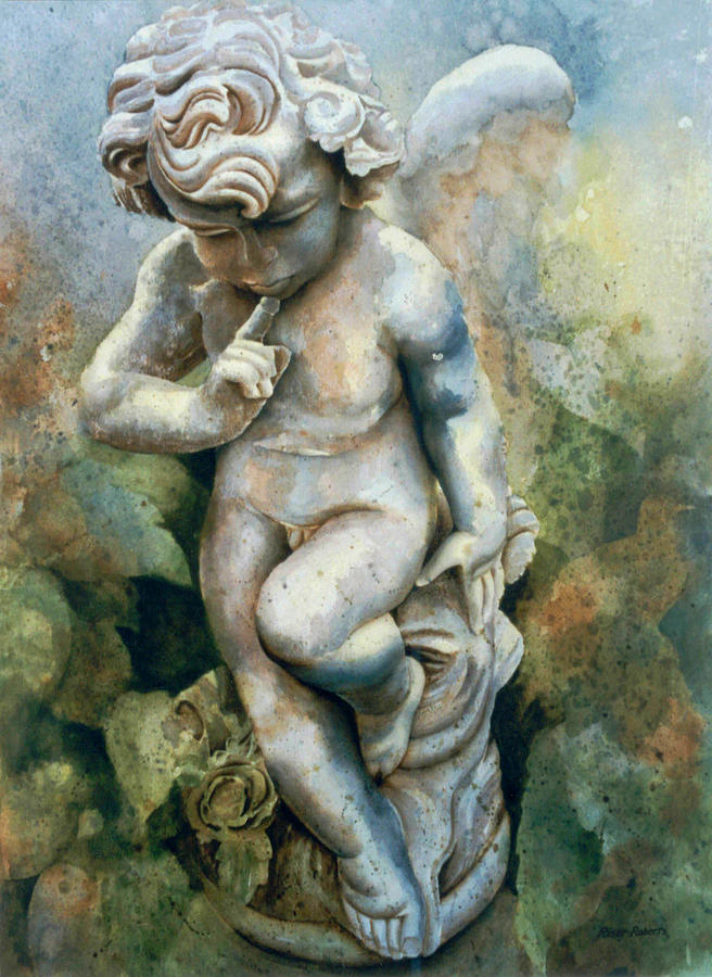 656x900 Angel Cherub Painting By Eve Riser Roberts - Angel Statue Painting