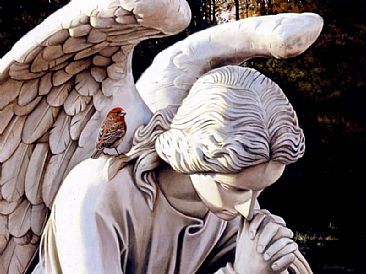 366x274 House Finch Amp Angel Statue - Angel Statue Painting