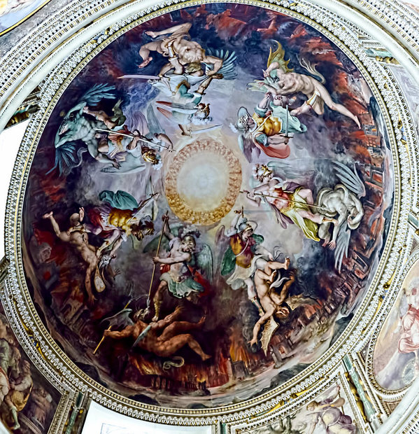 599x620 Dome Cupula Of Angels Fighting Demons Art Print By Jon Berghoff - Angels And Demons Painting