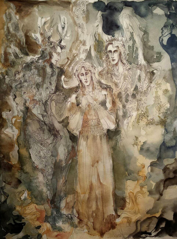 570x767 Otherworldly Trials Original Painting Angels Demons Spirits - Angels And Demons Painting