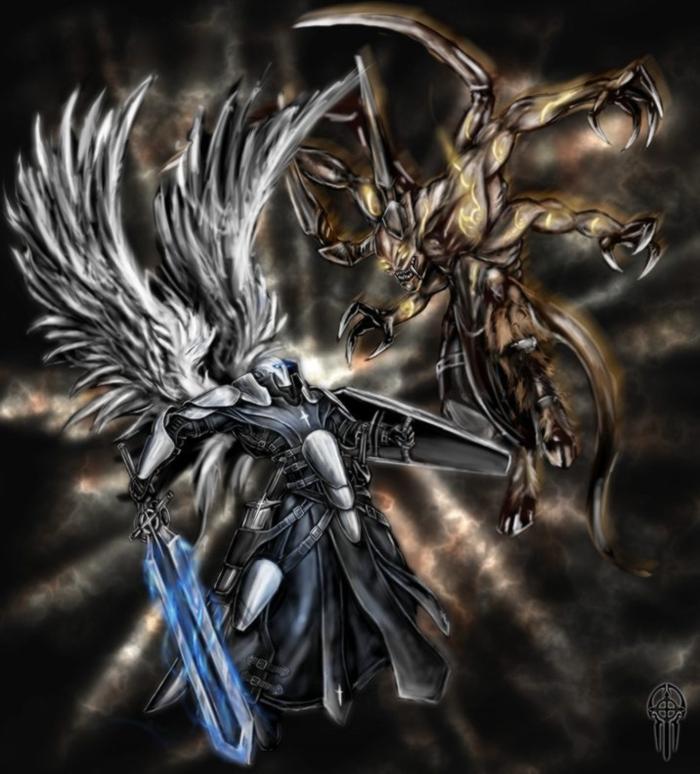 700x774 The Angel And The Demon By Alcomando - Angels And Demons War Painting