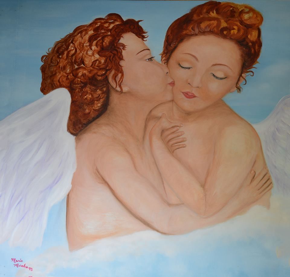 960x919 Kissing Angels By Joanna Maria Morales Oil On Canvas Paintings - Angels Kissing Painting